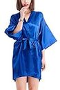 YAOMEI Donna Kimono Vestaglia Pigiama Sleepwear, di Seta Raso di Seta del Robe Accappatoio Damigella d'Onore da Notte Pigiama, Colore Puro Stile Corto (L, Blu Reale  )