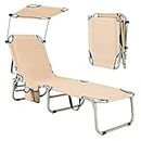 GYMAX Beach Chair with Canopy Shade, Folding Tanning Lounge with Adjustable Backrest, Carry Handle & Side Pocket, Sunbathing Chair for Outside, Patio, Poolside, Lawn (1, Beige)