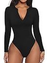 REORIA Women's Casual Sexy V Neck Fitted Long Sleeve T Shirts Work Slimming Ribbed Thong Leotards Bodysuits Tops Black Medium