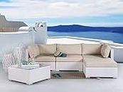 ROXXFLY Outdoor 4 Seater Sofa Set | Balcony Sofa | Indoor Sofa | Patio Furniture Sets | Wicker Rattan Garden 3+1 Sofa Set with Cushion and Center Table with Glass Top (White)