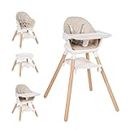 Komcot Baby High Chair, 6 in 1 Wooden Convertible High Chairs for Babies and Toddlers, Booster Seat with Double Tray & Reversible Footrest Baby Highchair, 5-Point Harness Baby Feeding Chair, Beige