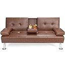 DORTALA Faux Leather Convertible Sectional Sofa Bed, Morden Folding Convertible Futon w/Cup Holders & Armrests Black, Multifunctional Upholstered Guest Sofa Bed for Living Room, Office, Apartment, Brown