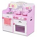 KOTEK Play Kitchen Set for Kids, Wooden Toddler Kitchen Playset with Sounds, 13 Pcs Accessories & Storage Cabinets, Pink Chef Pretend Play Toy with Removable Sink & Stove, Gift for Girls Boys