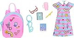 Barbie Kleidung Deluxe Clip-On Tasche mit Schuloutfit und fünf thematischen Accessoires Puppen, Mehrfarbig, Modern