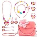 OSDUE Girls Bag Jewellery Gift, Flower Crossbody Bag Purse with Jewelry Set, Flower Princess Necklace Bracelet Rings Earrings, Princess Role Play Dress Up Jewelry Accessories Party Favors Gift