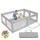 BABY JOY Baby Playpen, 205 x 147 cm Extra-Large Play Yard with 50 Ocean Balls & Carrying Bag, Portable Baby Play Activity Center, Indoor Outdoor Playpen w/Breathable Mesh for Infants & Toddlers (Grey)