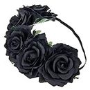 IETANG Women's Hawaiian Stretch Rose Flower Headband Floral Crown Garland Party Wedding Headpiece (Black)