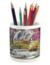 Lunarable Waterfall Pencil Pen Holder, Waterfall in Colorful Forest Bushes Feigned Stream Trees Grass, Printed Ceramic Pencil Pen Holder for Desk Office Accessory, Magenta Green Pale Brown