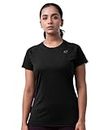 Womink Women's Sports T-Shirt I Elastane Stretch Regular Fit Solid Round Neck Short Sleeve Tshirts I Anti-Bacterial, Quick Drying I Tees for Running Yoga Gym Workout Girls & Women (Small, Black)