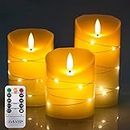 Danip Flameless LED Candle with Built-in Fairy Wire, 3-Piece LED Candle with 10-Key Remote Control, 24 Hour Timer Function, Dancing Flame, Real Wax, Battery Powered (Ivory White