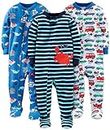 Simple Joys by Carter's Baby Boys' Snug-Fit Footed Cotton Pajamas, Pack of 3, Blue Sea Life/Navy Stripe/White Cars, 12 Months