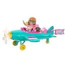 Barbie Chelsea Flugzeug Puppe und Spielset - Pilotenpuppe, Flugzeug, Hündchen und Zubehör für Geschichtenerzählen, rollende Räder und blumenförmiger Propeller, ab 3 Jahren, HTK38