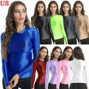 US Womens Compression T-shirt Crew Neck Long Sleeve Tops Athletic Sports Shirts