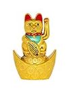 VASTU ART - Vastu Feng Shui Welcome Cat Sitting On Money Ingot (Boat) Golden Hand Waving Cat Maneki Neko Cat for Good Luck Health Wealth Prosperity and Happiness Decoration Showpiece