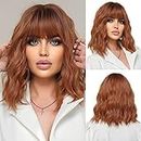 OUFEI Short Wave Auburn Bob Wigs With Bangs Shoulder Length Wig Curly Wavy Synthetic Cosplay Wigs for Women-14 Inches