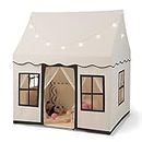 HONEY JOY Kids Play Tent, Toddler Large Playhouse w/Star String Lights, Washable Anti-Slip Coral Velvet Mat, Windows, Mesh Curtains, Indoor Outdoor Princess Play Castle Tent for Over 3 Years, Beige