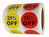 Yellow 25% Red 50% Percent Off Stickers 1 Inch Garage Yard Sale Price Sticker for Retail Store Clearance Promotion Discount Deals Circle Pricemarker Half Off Tag Stickers 500 PCS Per Roll