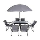 JOYTIO Folding Patio Dining Set, Garden Patio Furniture Set, 8-Piece Outdoor Dining Set with Tilted Removable Umbrella, 6 Folding Chairs, and 1 Rectangular Tempered Glass Table - Grey