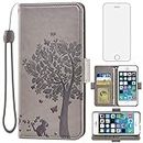 Asuwish Compatible with iPhone 5S 5 SE 2016 5SE Wallet Case Tempered Glass Screen Protector Flip Wrist Strap Card Holder Cell Phone Cover for iPhone5 iPhone5s iPhoneSE iPhone6se i 6SE iPhone5se Gray