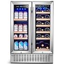 AAOBOSI 24 Inch Wine and Beverage Refrigerator - 19 Bottles & 57 Cans Capacity Wine Cooler with Dual Zone - Wine Fridge Built in Counter or Freestanding - 2 Safety Locks and Blue Interior Light