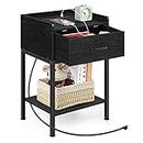 Black Nightstand, End Table with Charging Station 2-Tier Side Table with Drawer and Storage Shelf, Rustic Bedside Night Stand for Bedroom, Living Room, Easy Assembly, Black