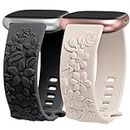 TOYOUTHS 2 Pack Compatible with Fitbit Versa 4/Versa 3/Sense 2/Sense Bands for Women Floral Engraved Strap Soft Silicone Dressy Embossed Flower Bracelet for Fitbit Versa 4 Watch Band, Black+Starlight