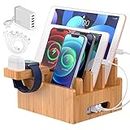 Bamboo Charging Station for Multiple Devices with 5 Port USB Charger, 6 Cables and Smart Watch & Earbuds Stand. Pezin & Hulin Desk Docking Stations Electronic Organizer for Cell Phone, Tablet