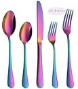 Rainbow Flatware Cutlery Silverware Set 20 Pieces, Stainless Steel Colorful Utensils, Tableware Set Service for 4, Include Knife/Fork/Spoon, Reusable, Mirror Polished, Dishwasher Safe