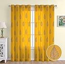 THE LINEN COMPANY Cotton Linen Solid Long Door Curtain Set with Steel Eyelet Rings- 4.5 x 8 Feet (Set of 2 - Blue Leaf on Mustard)