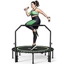 BCAN 550 LBS Foldable Mini Trampoline, 48" Fitness Trampoline with Adjustable Handle Bar, Bungees, Stable & Quiet Exercise Rebounder for Kids Adults Indoor/Garden Workout-Green