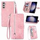 Furiet Compatible with Samsung Galaxy S23 FE 5G Wallet Case with Wrist Strap Lanyard and Leather Flip Card Holder Stand Cell Accessories Folio Purse Phone Cover for S 23 EF S23FE 23S Women Pink