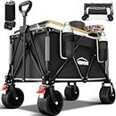 Overmont Foldable Collapsible Wagon Cart - Heavy Duty Utility Beach Wagon with 3.2in Rotatable Wide Wheels - 150L Large Capacity with Side Pockets for Camping Garden Shopping - 265lbs Load