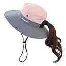 Fueerton Women's Summer Mesh Wide Brim Sun UV Protection Hat with Ponytail Hole (Pink)