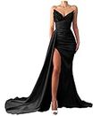 Black Prom Dresses 2023 Strapless Sequin Beaded Mermaid Satin Long Slit Evening Gowns for Women Bridesmaid Dresses