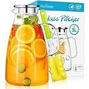 Water Pitcher, 3 L Glass Pitcher with Lid, Juice Jug with 304 Stainless Steel Lid and Spout, Heat Resistant Carafe Pitcher for Hot Cold Beverage, Water Pitcher Fridge for Iced Tea Milk Sangria Coffee