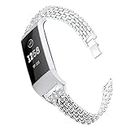 Hopply Compatible with Fitbit Charge 3/Fitbit Charge 3 SE and Fitbit Charge 4 Bands for Women Girl, Stainless Steel Metal Replacement Bling Rhinestone Bracelet Strap Smartwatch