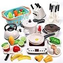 CUTE STONE 40PCS Pretend Play Kitchen Toys,Toy Cookwares with Spray Pressure Cooker,Electronic Induction Cooktop and Cooking Utensils,Tablewares Toy,Cutlery Toy,Play Food, Shopping Basket Learning Gift for Girls Boys Kids