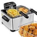 COSTWAY Deep Fryer with Basket, 5.3Qt Stainless Steel Electric Oil Fryer w/Adjustable Temperature, Timer, Lid with View Window, Professional Style, Deep Fryer Pot for Home Use, French Fries, Chicken