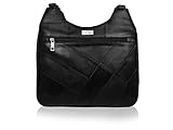 Quenchy London Ladies Black Leather 2 Strap Shoulder Handbag - 5 Zip Pockets & Compartments inc Mobile Phone Holder, Medium Size Fashionable Designer Womens Bags - QL188K