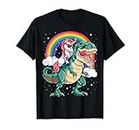 Unicorn Riding Dinosaur T rex Funny Boys Kids Girls Rainbow Camiseta