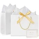 2pcs Medium White Gift Bags, Paper Bags for Present, Portable Gift Bags with 4 Wrappers and 2 Cards for Party Birthday Wedding Celebrations Souvenirs, Senior Shopping Bags(Pure White) 20 x 10 x 28 cm