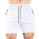 Mens Sports Fitness and Running Lightweight Mesh Breathable Speed Pants with Shorts Short Workout Shorts (White, L)