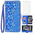 Phone Case for iPhone 6 6s Wallet Cover with Screen Protector and Wrist Strap Flip Card Holder Bling Glitter Cell iPhone6 Six i6 S iPhone6s iPhine6s iPhones6s i Phone6s Phone6 6a S6 Women Girls Blue
