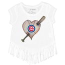 Girls Youth Tiny Turnip White Chicago Cubs Heart Bat Fringe T-Shirt