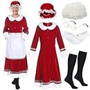Leumoi 6 Pcs Mrs Santa Costume for Women Santa Claus Costume Santa Dress Bonnet Apron Wigs Glasses Gloves Socks for Women (X-Large)