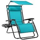 Best Choice Products Folding Zero Gravity Outdoor Recliner Patio Lounge Chair w/Adjustable Canopy Shade, Headrest, Side Accessory Tray, Textilene Mesh - Peacock Blue