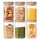 Glass Food Storage Jars 37 oz Set of 6,Glass Storage Containers Clear Glass Food Canister with Bamboo Lid Airtight For Serving Tea, Coffee, Flour, Sugar, Candy, Cookie, Spice and More (Square)