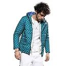 Campus Sutra Men's Polyester Standard Length Royal Blue & Shamrock Green Micro Buffalo Check Puffer Jacket For Casual Wear | Hooded Neck | Long Sleeve | Zipper Closure , Medium