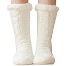 Slipper Socks, Winter Cozy Fuzzy Socks with Grippers Warm Fleece-Lined Socks for Women (White)
