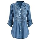 LFEOOST Flower Lace Tops for Women Casual Summer Long Sleeve Button V Neck Shirts Plus Size Loose T-Shirt Blouses
